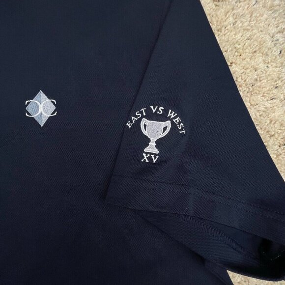 FootJoy Men’s Medium Navy Blue Polo Shirt Short Sleeve East vs West Golf Club - Picture 2 of 10